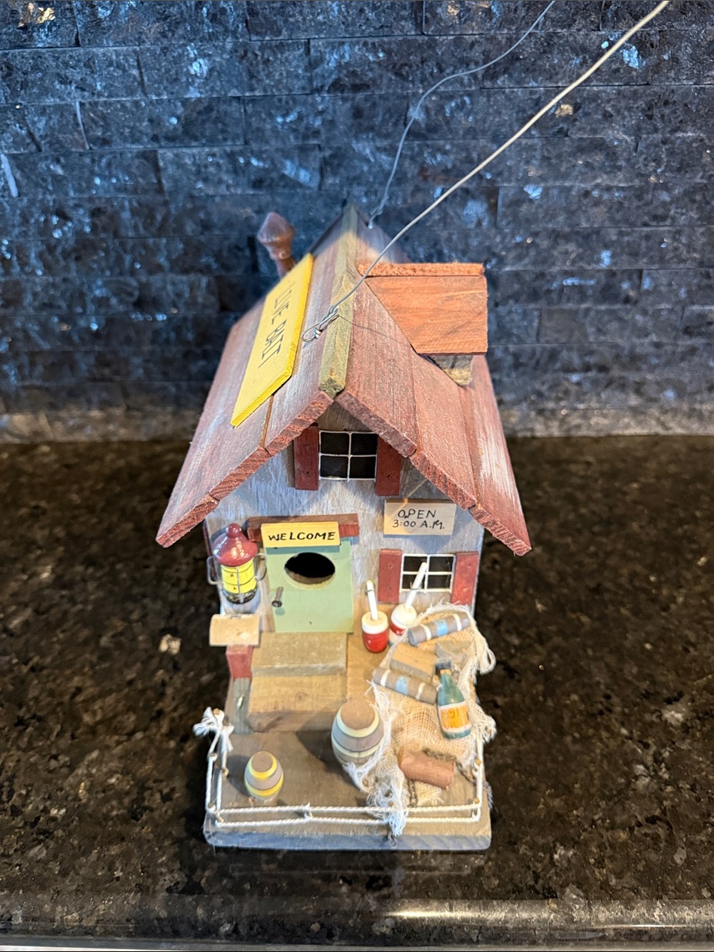Hand-Painted Coastal Birdhouse with Nautical Accents - Red Roof, Cream Base